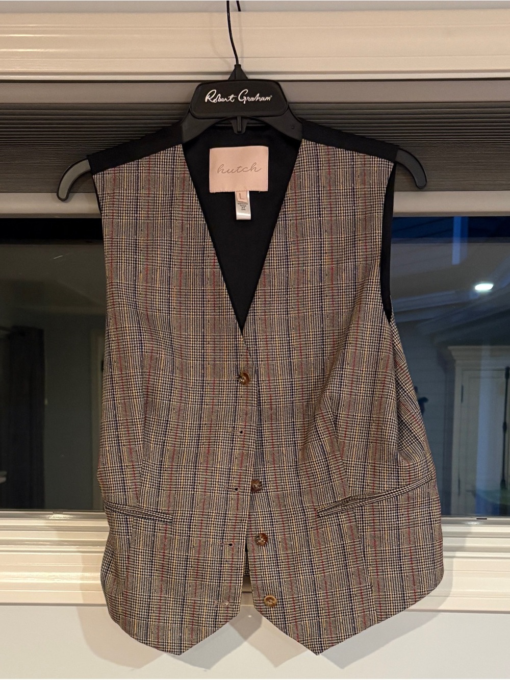 Hutch Woman’s Plaid Vest in Brown, Black & Red Trim